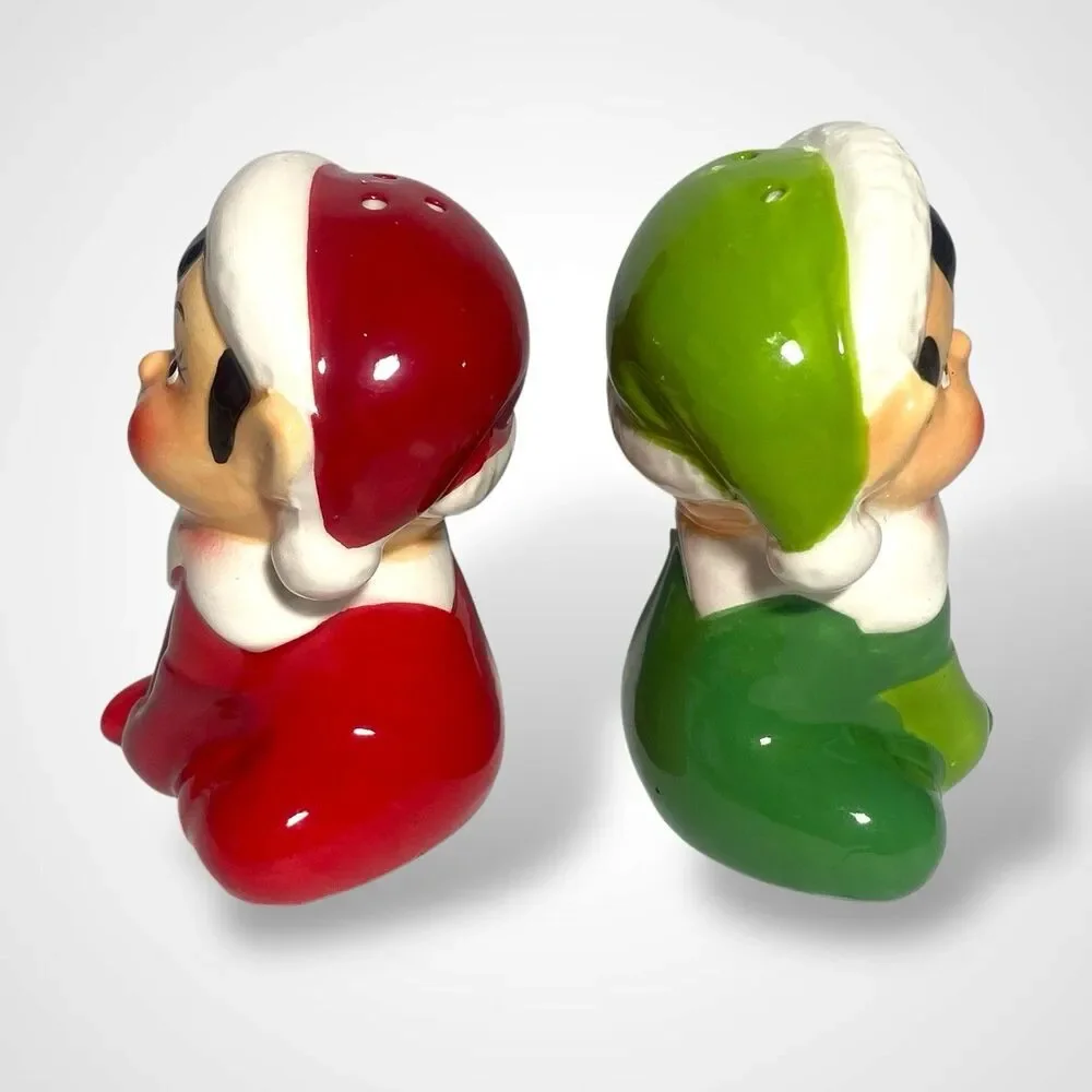 Vintage Christmas Elf Salt and Pepper Shakers Red Green Ceramic Figurines Decor